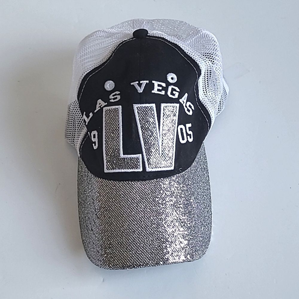 Las Vegas Shiny Sparkly Bling Silver Baseball Hat Women's Black White